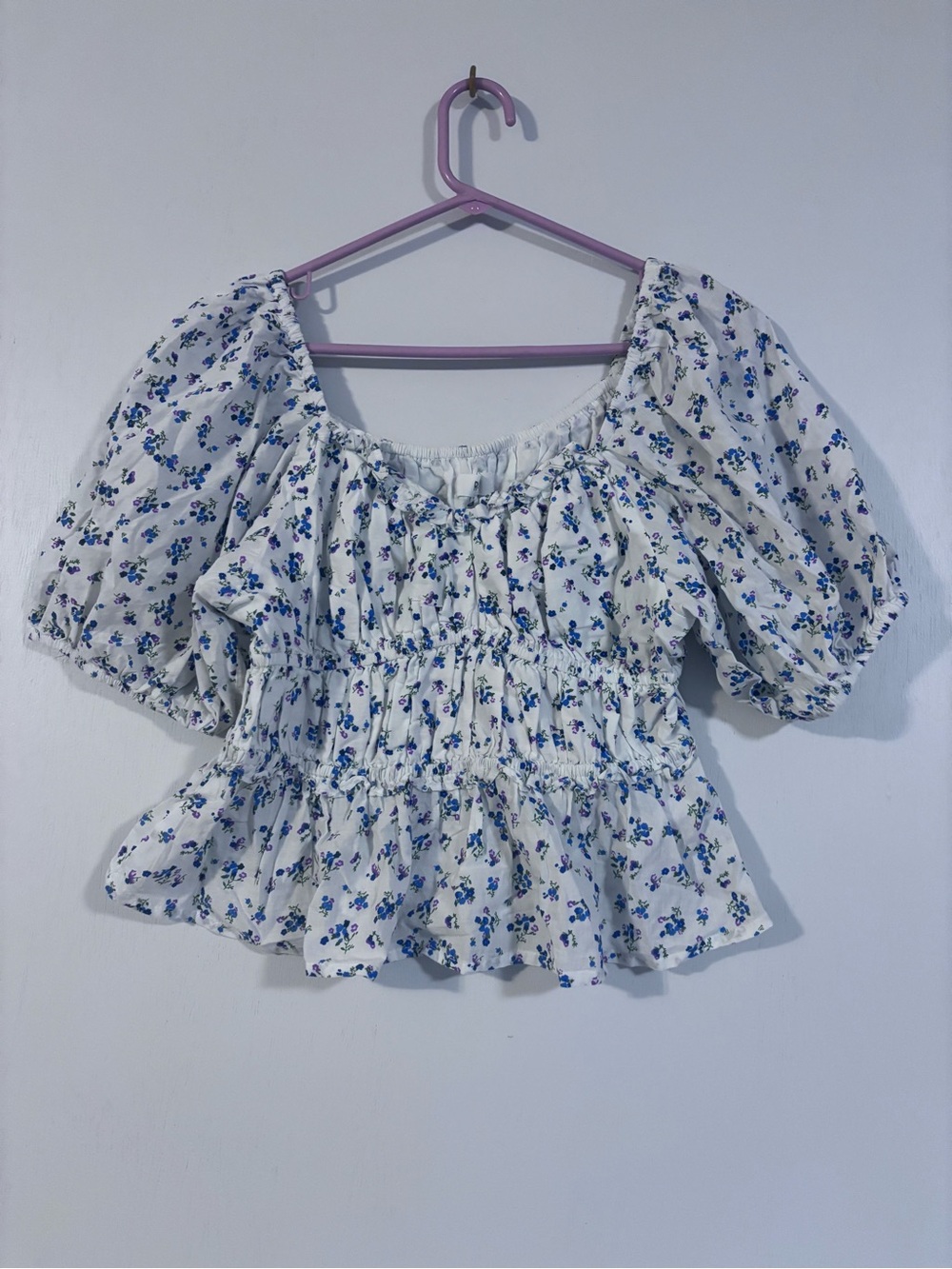 Women's Cottagecore Floral Puff Sleeve Peplum Top XL Crop
